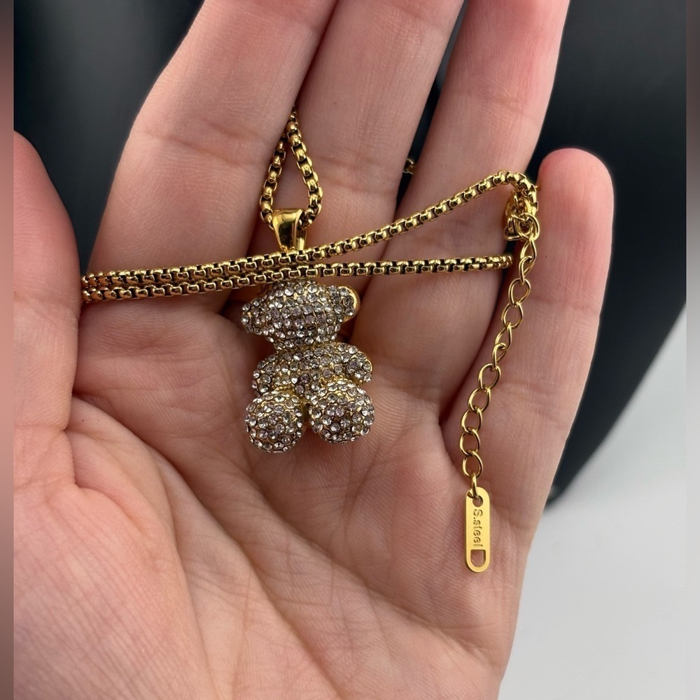 Gold Teddy Bear Pendant Necklace with Crystals ✨ - Picture 6 of 7